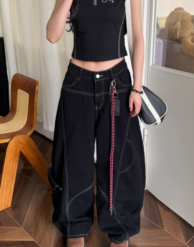 Simple Large Pocket Lanyard Decoration Design Loose-fitting Long Casual Pants TP3218