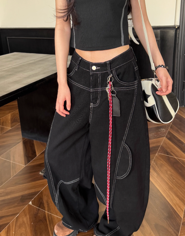 Simple Large Pocket Lanyard Decoration Design Loose-fitting Long Casual Pants TP3218