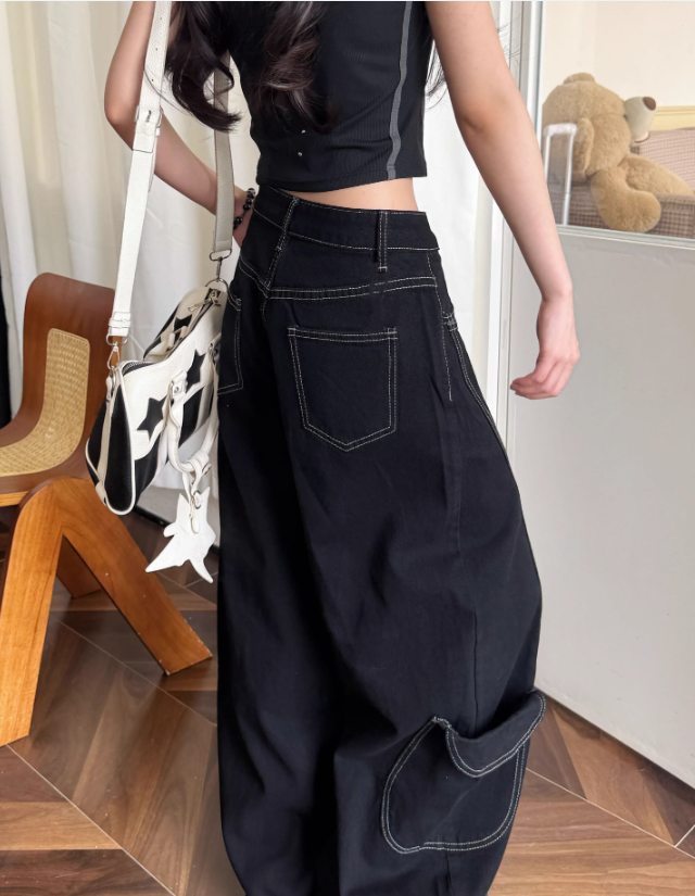 Simple Large Pocket Lanyard Decoration Design Loose-fitting Long Casual Pants TP3218