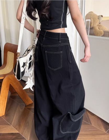 Simple Large Pocket Lanyard Decoration Design Loose-fitting Long Casual Pants TP3218