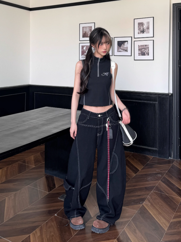 Simple Large Pocket Lanyard Decoration Design Loose-fitting Long Casual Pants TP3218