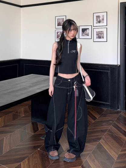 Simple Large Pocket Lanyard Decoration Design Loose-fitting Long Casual Pants TP3218