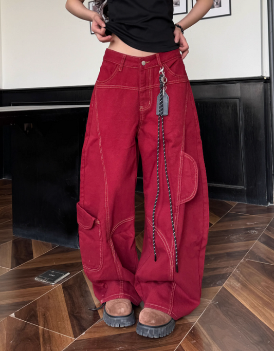 Simple Large Pocket Lanyard Decoration Design Loose-fitting Long Casual Pants TP3218