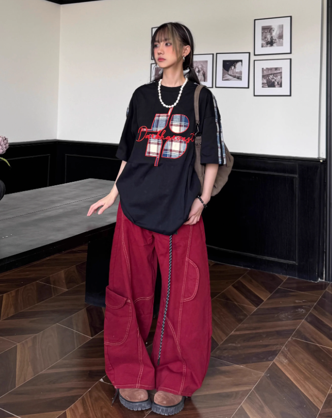Simple Large Pocket Lanyard Decoration Design Loose-fitting Long Casual Pants TP3218