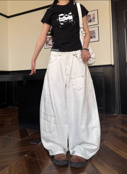 New Fashion White Loose-fitting Multi-pocket Design Street-style Long Casual Pants TP3224
