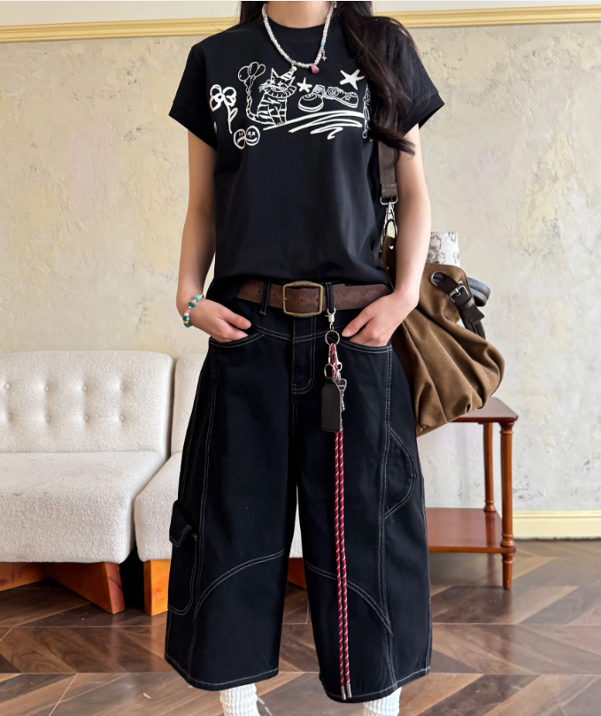 Vintage Loose-fitting Lanyard Decoration Design Street-style Casual Cropped Pants TP3228