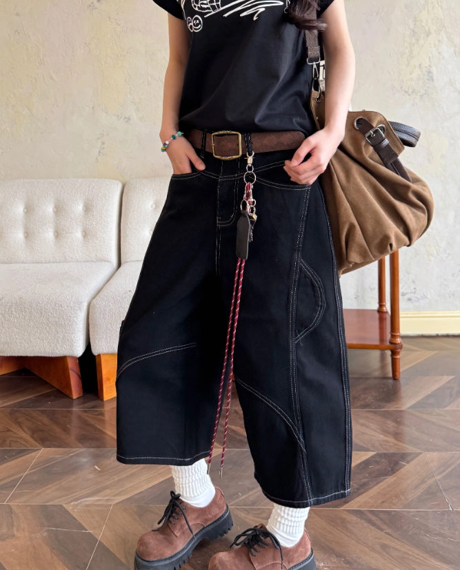 Vintage Loose-fitting Lanyard Decoration Design Street-style Casual Cropped Pants TP3228