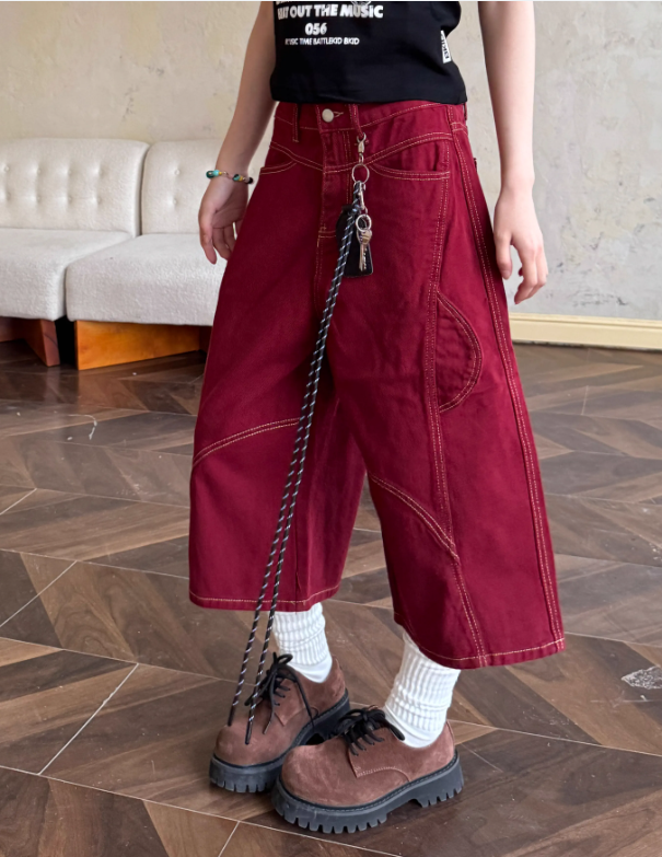 Vintage Loose-fitting Lanyard Decoration Design Street-style Casual Cropped Pants TP3228