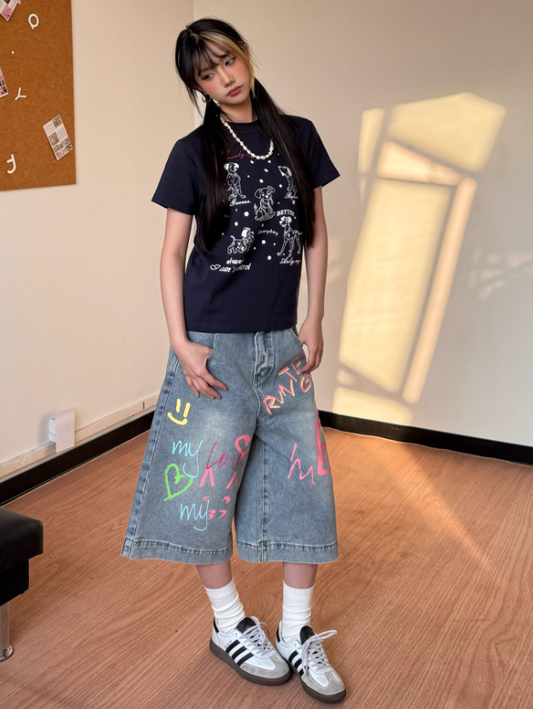 New Fashion Loose-fitting Letter Print Design Street-style Casual Cropped Pants TP3234