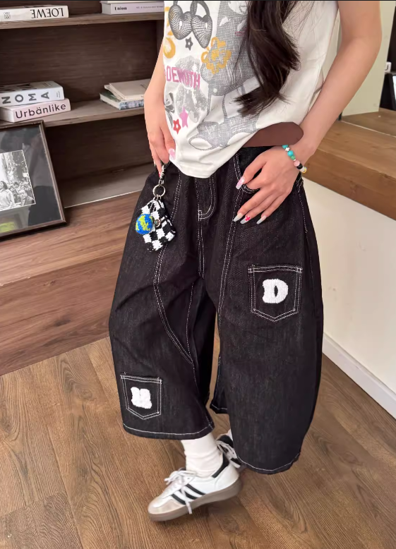New Fashion Loose-fitting Black Multi-pocket Design Street-style Casual Cropped Pants TP3243