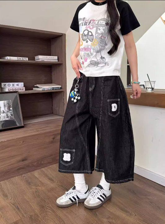 New Fashion Loose-fitting Black Multi-pocket Design Street-style Casual Cropped Pants TP3243