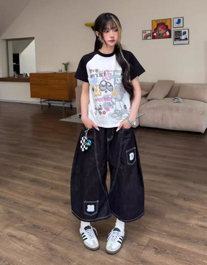 New Fashion Loose-fitting Black Multi-pocket Design Street-style Casual Cropped Pants TP3243