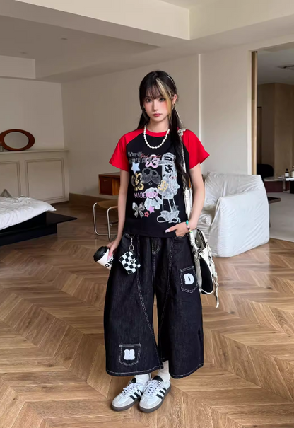 New Fashion Loose-fitting Black Multi-pocket Design Street-style Casual Cropped Pants TP3243