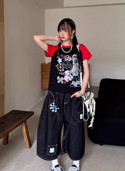 New Fashion Loose-fitting Black Multi-pocket Design Street-style Casual Cropped Pants TP3243
