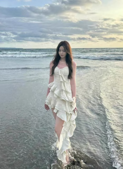 Fashion Irregular Ruffled Dress Hem Design A-line Sleeveless Spaghetti Strap Dress TP3259