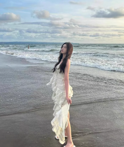 Fashion Irregular Ruffled Dress Hem Design A-line Sleeveless Spaghetti Strap Dress TP3259