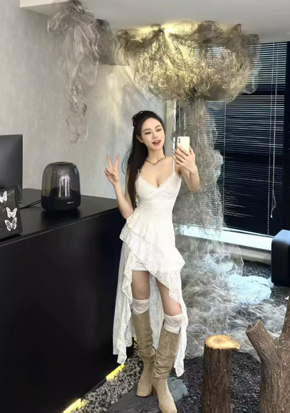 Simple White Irregular Ruffled Hem Design A-line Sleeveless Spaghetti Strap Dress TP3298