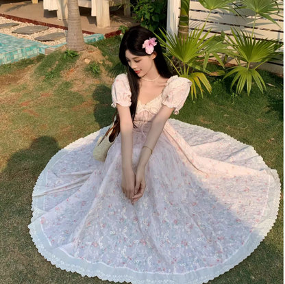 New Fashion Puffed Short Sleeve Design Pink A-line  Floral Dress TP3308