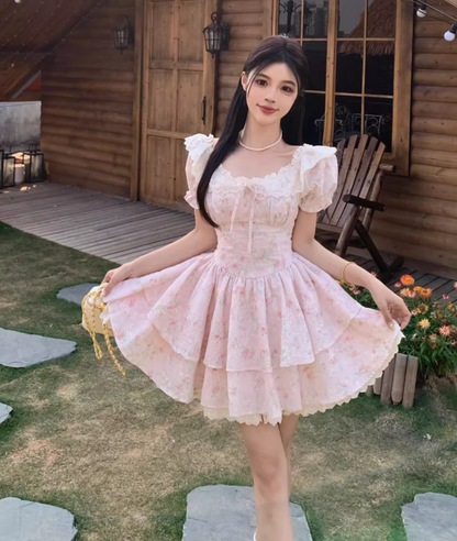 New Fashion Puffed Short Sleeve Design Pink A-line  Floral Dress TP3308