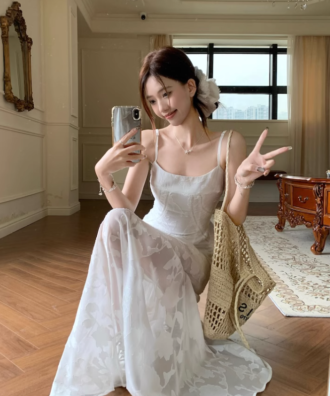 Simple Elegant Floral Lace Design A-line Spaghetti Strap Dress TP3309