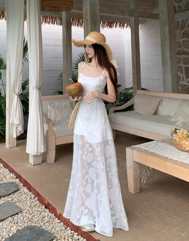 Simple Elegant Floral Lace Design A-line Spaghetti Strap Dress TP3309