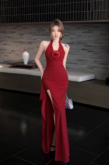 Simple Wine Red Rose Design Split Dress Long A-line Halter Dress TP3312