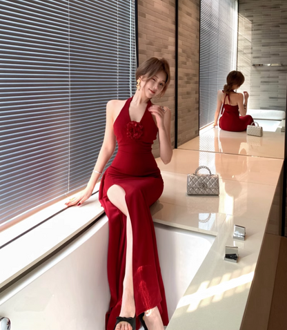 Simple Wine Red Rose Design Split Dress Long A-line Halter Dress TP3312