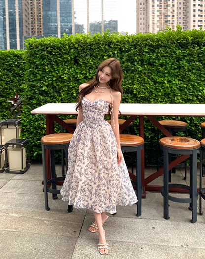 New Fashion Floral Design Long A-line Strapless Dress TP3313