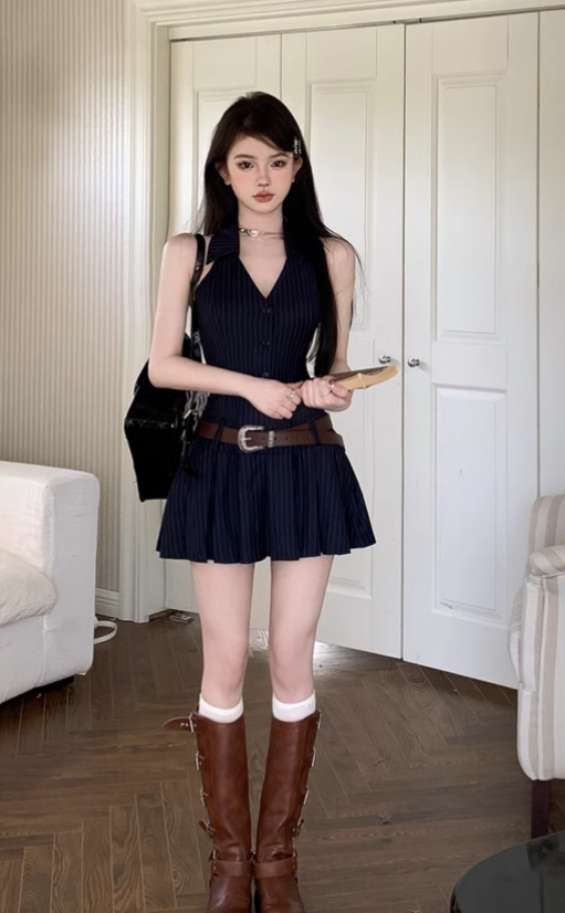 Simple Navy Blue Striped Design V-neck A-line Halter Dress TP3314