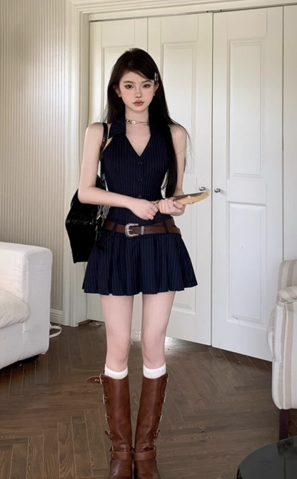 Simple Navy Blue Striped Design V-neck A-line Halter Dress TP3314