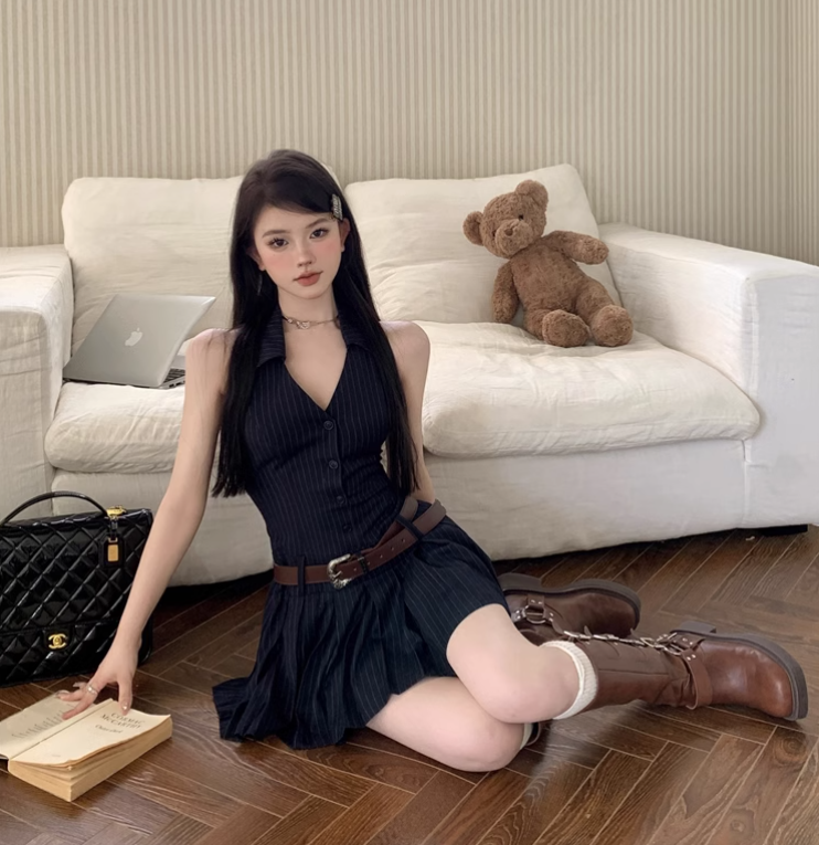 Simple Navy Blue Striped Design V-neck A-line Halter Dress TP3314