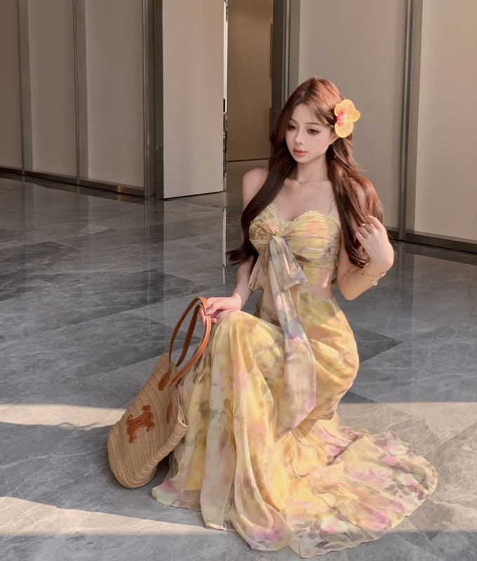 New Fashion Yellow Floral Design A-line Spaghetti Strap Dress TP3315