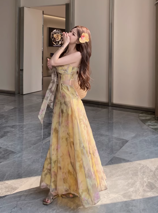 New Fashion Yellow Floral Design A-line Spaghetti Strap Dress TP3315
