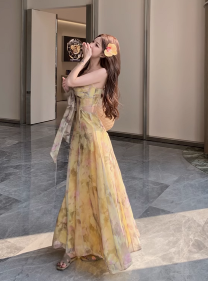 New Fashion Yellow Floral Design A-line Spaghetti Strap Dress TP3315