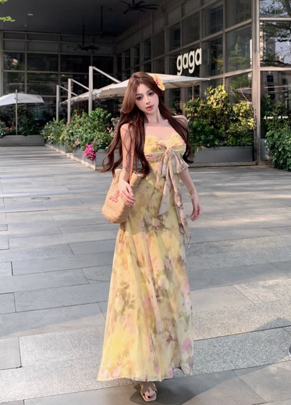 New Fashion Yellow Floral Design A-line Spaghetti Strap Dress TP3315
