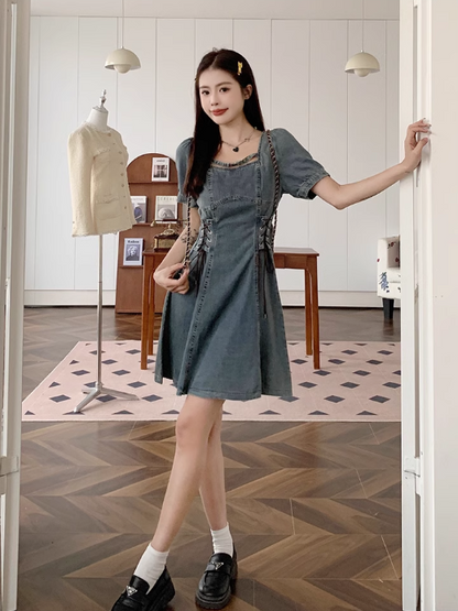 New Fashion Waist-cinching Design A-line Short-sleeved Denim Dress TP3316