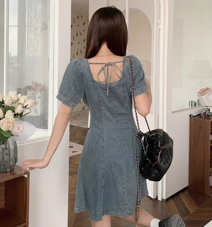 New Fashion Waist-cinching Design A-line Short-sleeved Denim Dress TP3316