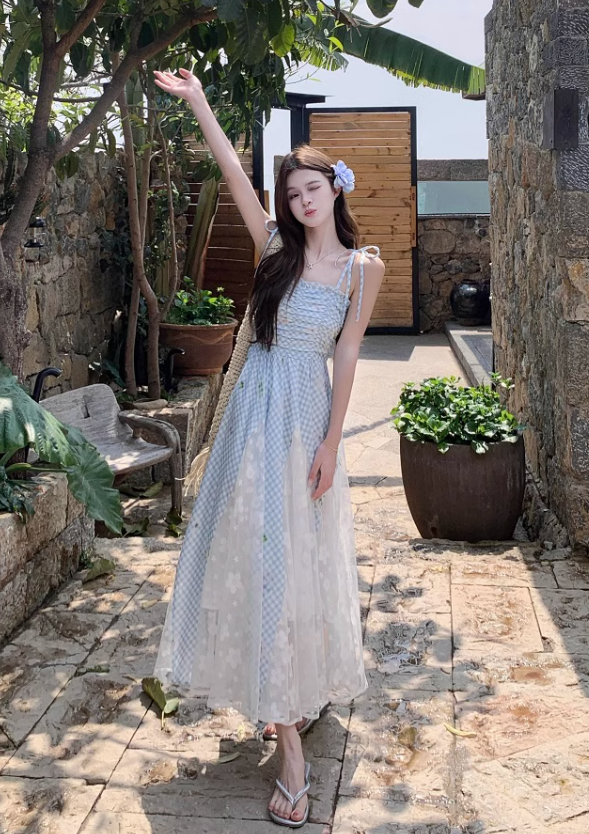 New Fashion Blue Plaid Design Beach Holiday A-line Sleeveless Spaghetti Strap Dress TP3319