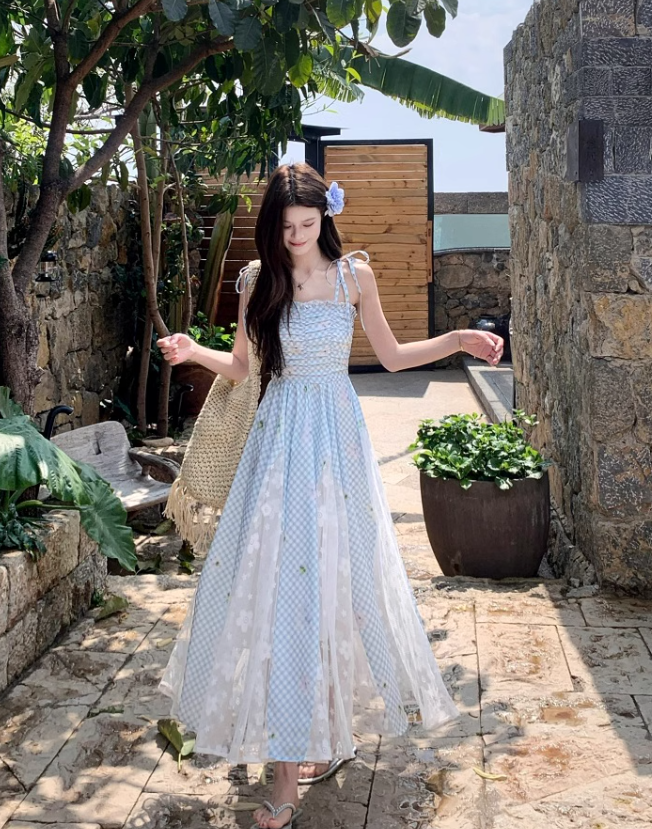 New Fashion Blue Plaid Design Beach Holiday A-line Sleeveless Spaghetti Strap Dress TP3319