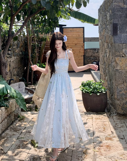 New Fashion Blue Plaid Design Beach Holiday A-line Sleeveless Spaghetti Strap Dress TP3319