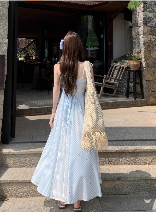 New Fashion Blue Plaid Design Beach Holiday A-line Sleeveless Spaghetti Strap Dress TP3319