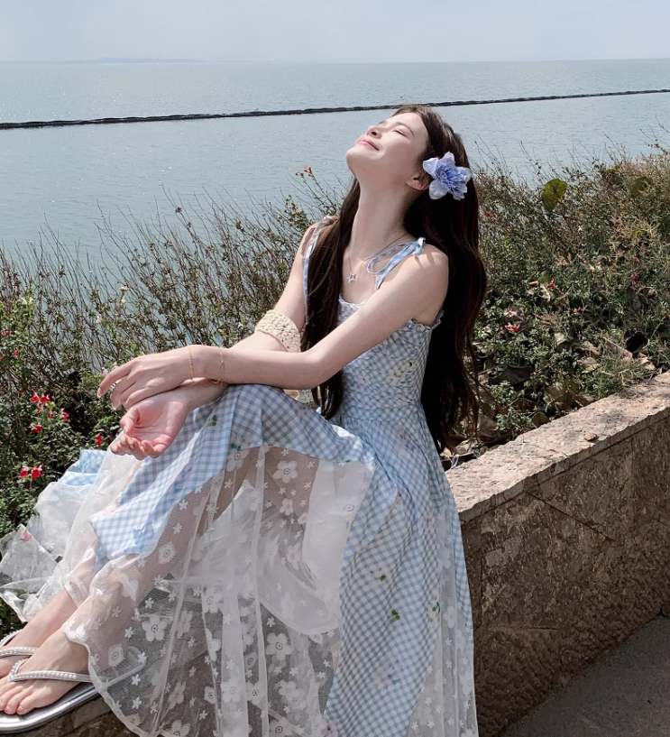 New Fashion Blue Plaid Design Beach Holiday A-line Sleeveless Spaghetti Strap Dress TP3319