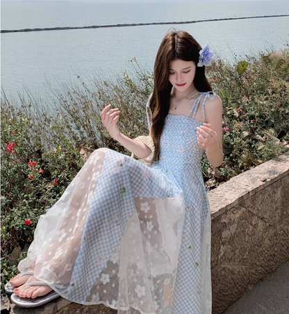 New Fashion Blue Plaid Design Beach Holiday A-line Sleeveless Spaghetti Strap Dress TP3319