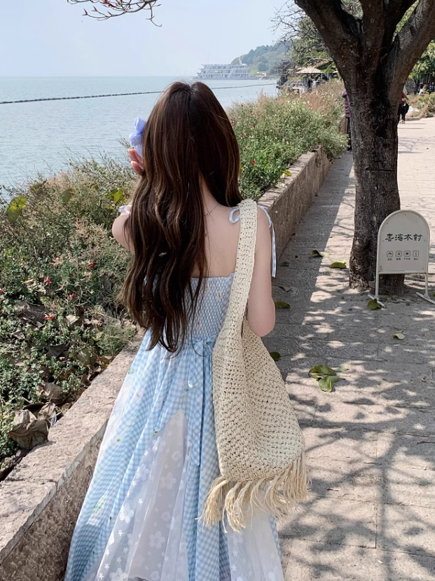 New Fashion Blue Plaid Design Beach Holiday A-line Sleeveless Spaghetti Strap Dress TP3319