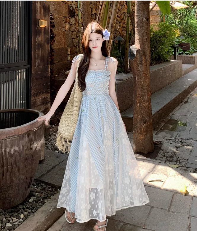 New Fashion Blue Plaid Design Beach Holiday A-line Sleeveless Spaghetti Strap Dress TP3319