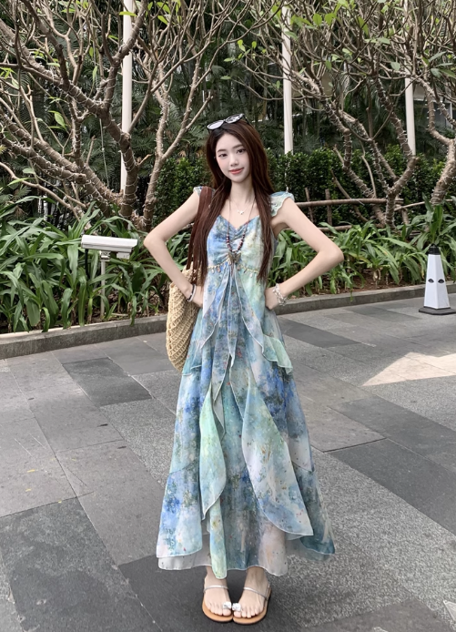 New Fashion Irregular Ruffled Dress Hem Design Beach Holiday A-line Sleeveless Floral Dress TP3320