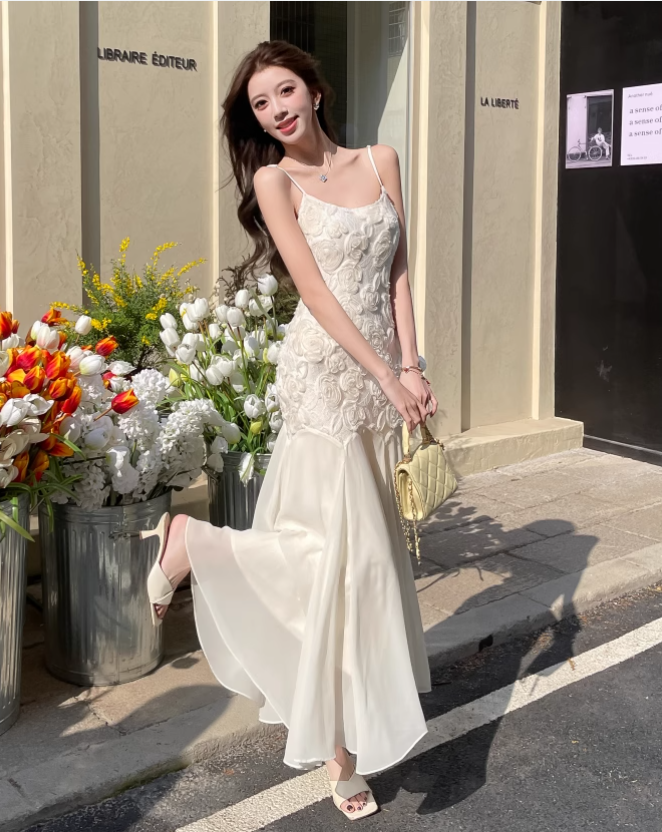 Simple White Three-dimensional Rose Embroidery Design Mermaid Sleeveless Spaghetti Strap Dress TP3323