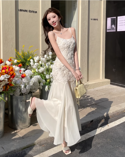 Simple White Three-dimensional Rose Embroidery Design Mermaid Sleeveless Spaghetti Strap Dress TP3323
