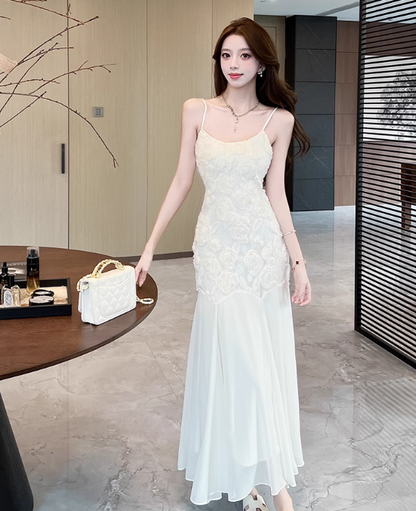 Simple White Three-dimensional Rose Embroidery Design Mermaid Sleeveless Spaghetti Strap Dress TP3323