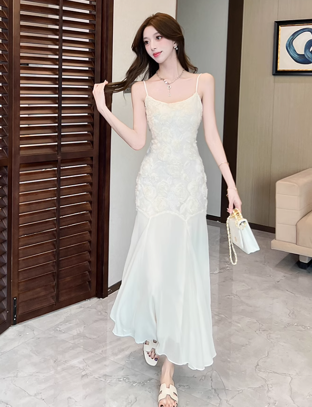 Simple White Three-dimensional Rose Embroidery Design Mermaid Sleeveless Spaghetti Strap Dress TP3323